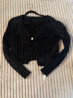 Cropped Black Fuzzy Cardigan with Decorative Button